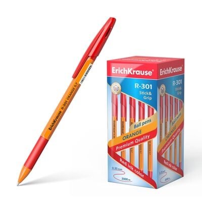 Ручка шариковая Erich Krause R-301 Orange Stick & Grip, узел 0.7 мм, чернила красные, резиновый упор
